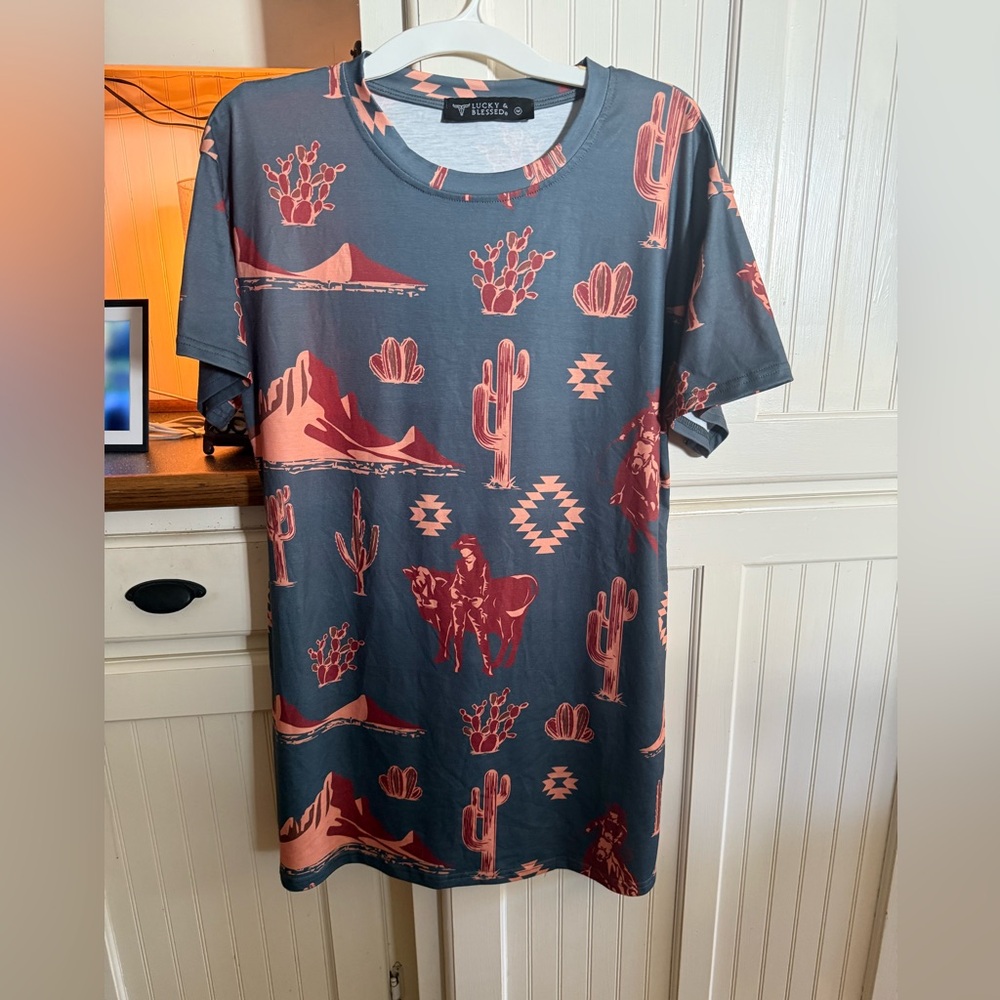 Lucky & Blessed Cactus Print Mini Dress - Gray and Rust